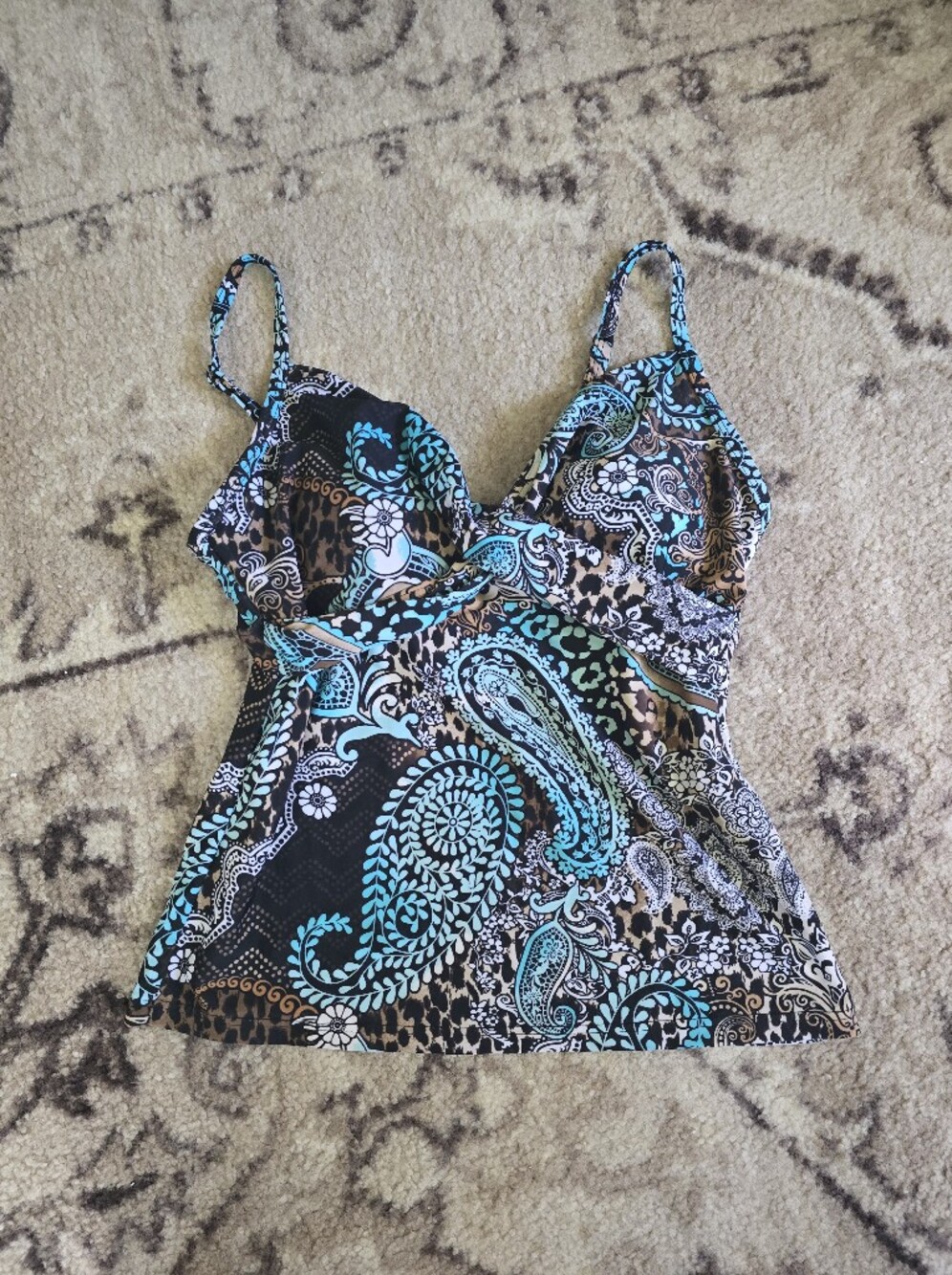 croft & barrow Black and Teal Paisley Spaghetti-Strap Swim Top
